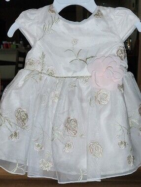 NWT lilt White Party Dress with Gold Floral Embroidery and Pink Flower Accent
